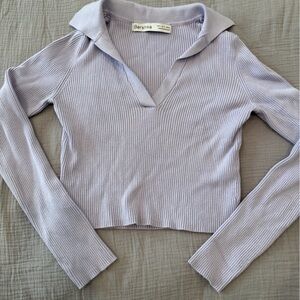 Bershka Lilac Ribbed V-Neck Top